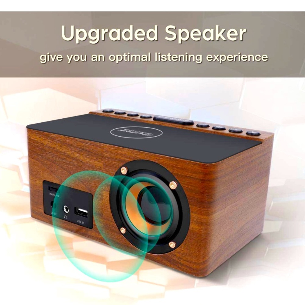 ANJANK Wooden Digital Alarm Clock FM WIRELESS SMARTPHONES CHARGER